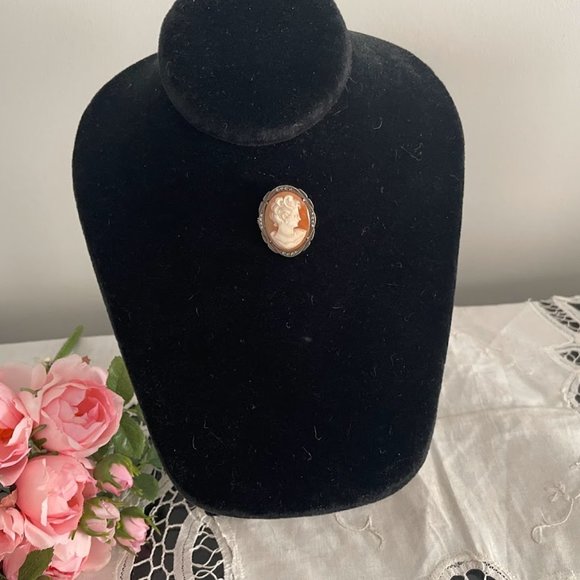 Romantic Carved Shell Cameo Brooch, Silver and Marcasite Frame, Vintage Jewelry - Picture 8 of 11